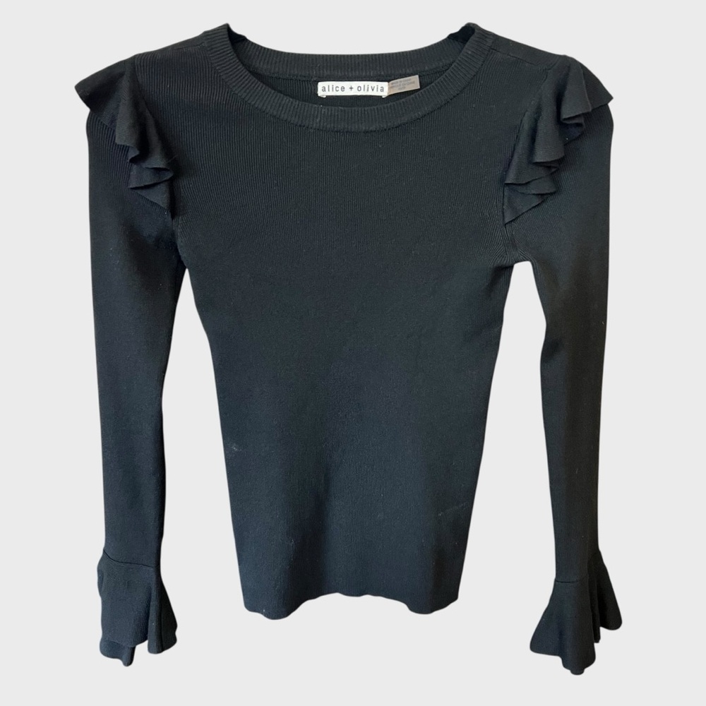 Alice + Olivia Mittie Pullover Black Ribbed Knit Top.